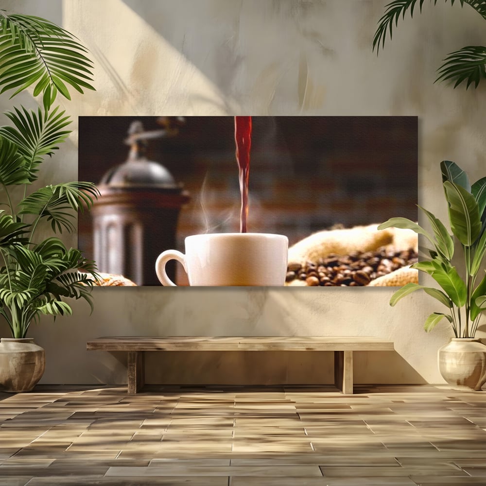Tablou canvas cu tablou canvas cu ceasca de cafea si boabe, fara rama, pe sasiu de lemn